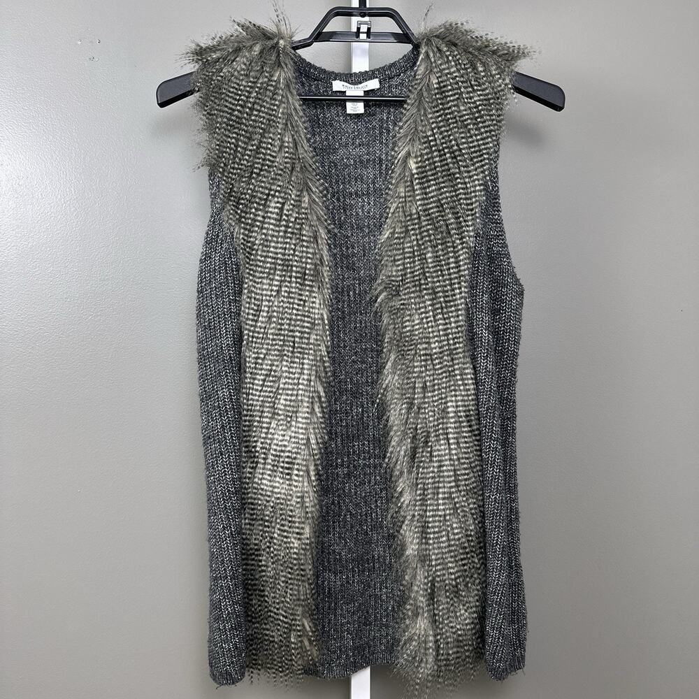 White House Black Market Vest Large Gray Faux Fur Trim Marled Knit Open Front